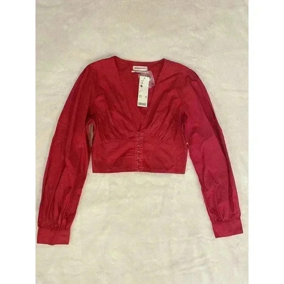 Urban Outfitters Shirt Plunging V-Neck Long Sleeve Crop Top Red Medium M NWT - Picture 3 of 6